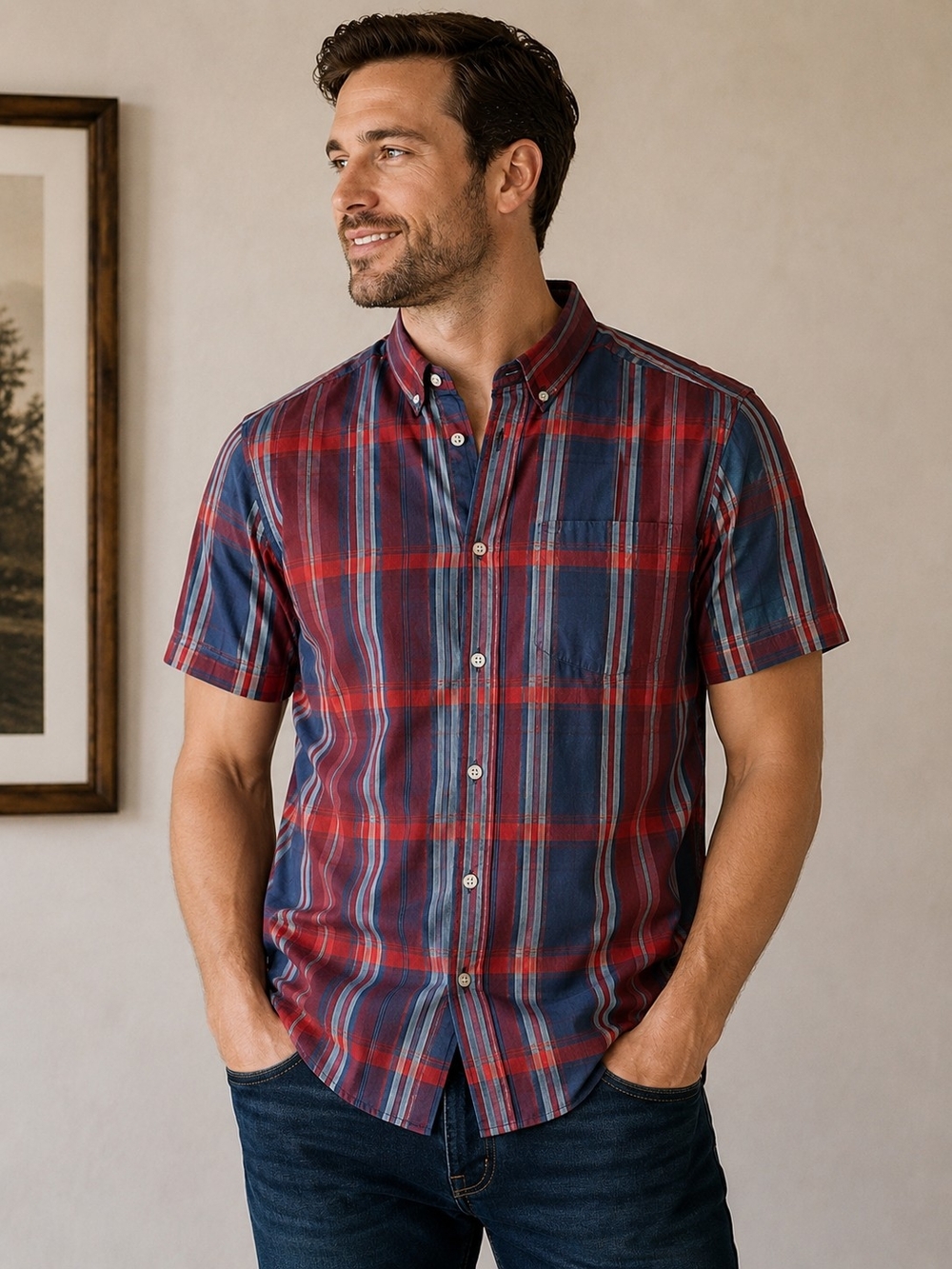 Columbia Men's Short-Sleeve Plaid Button-Down Shirt - Red & Blue